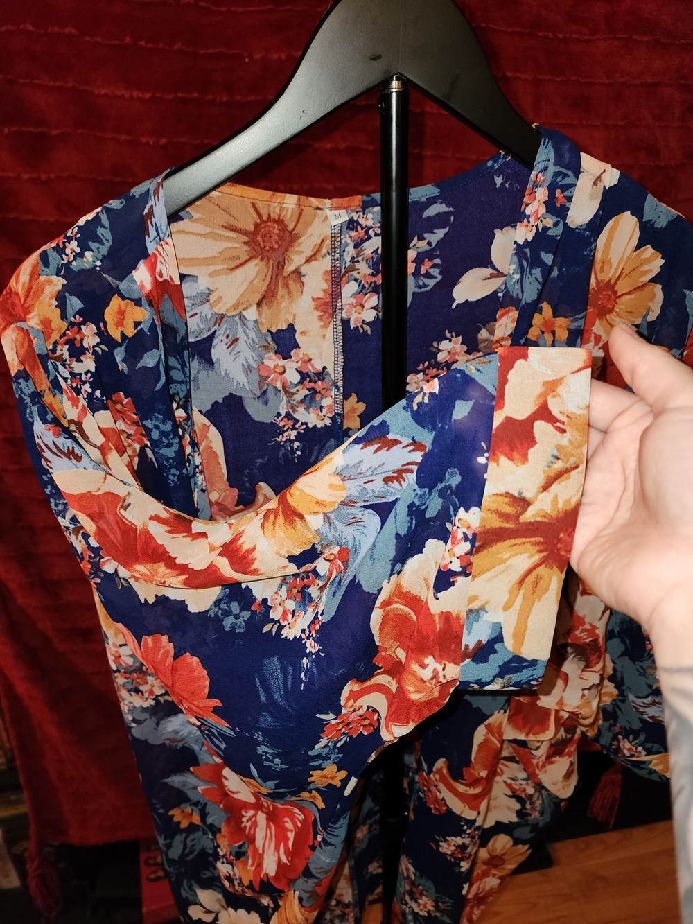 Floral Open-Front Kimono Jacket in Blue and Coral - Picture 2 of 3
